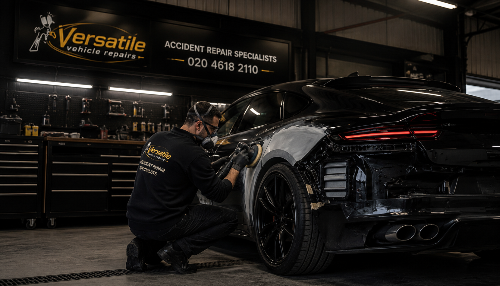 Technician polishing a car at the Versatile Vehicle Repairs bodyshop